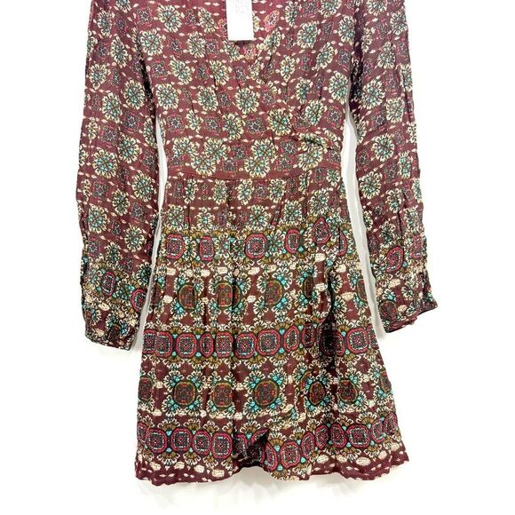 Patrons of Peace Brown Burgundy Medallion Floral Autumn Boho Mini Wrap Dress NEW - Picture 3 of 16